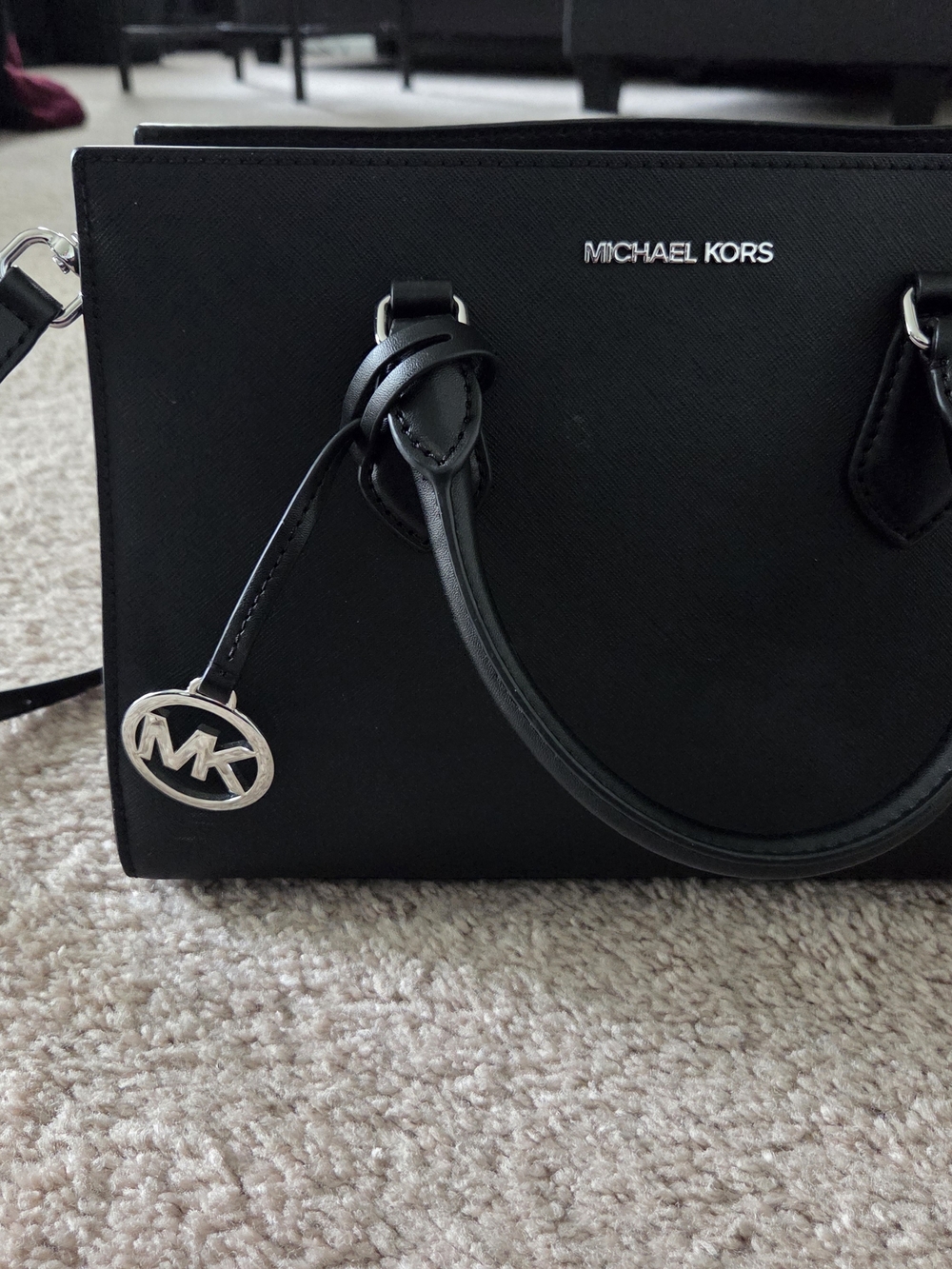 Michael Kors Black Saffiano Satchel with Silver Logo Charm